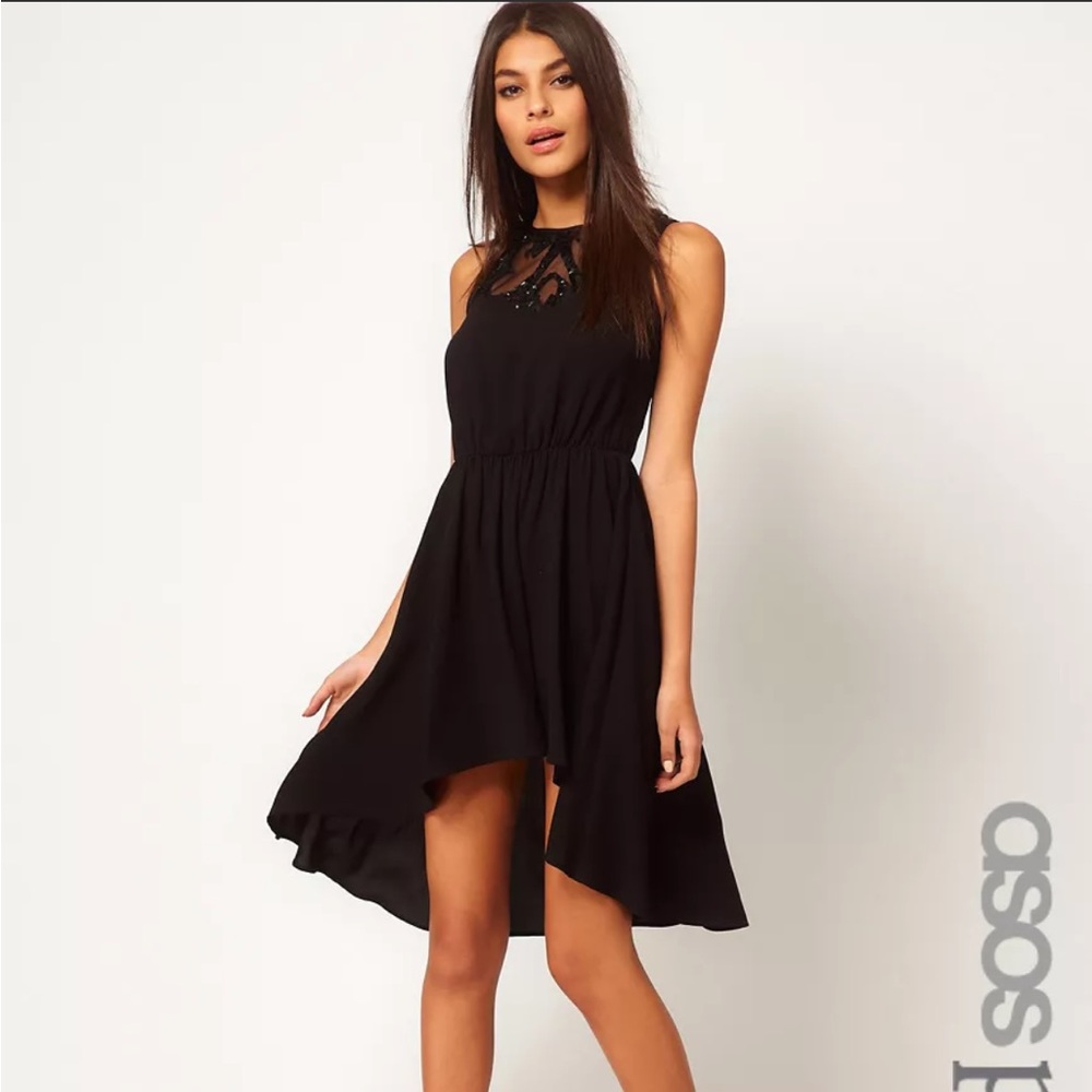 ASOS PETITE Exclusive Dress With Embellished Neck And Hi Lo Hem black